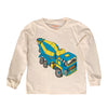 Beige long-sleeve shirt with a colorful cement truck graphic on a white background