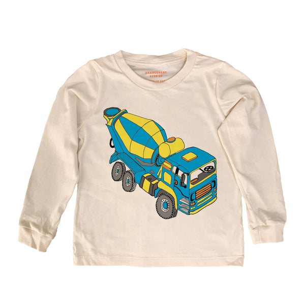 Beige long-sleeve shirt with a colorful cement truck graphic on a white background