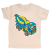 Beige t-shirt with a blue and yellow cement mixer truck graphic on a white background