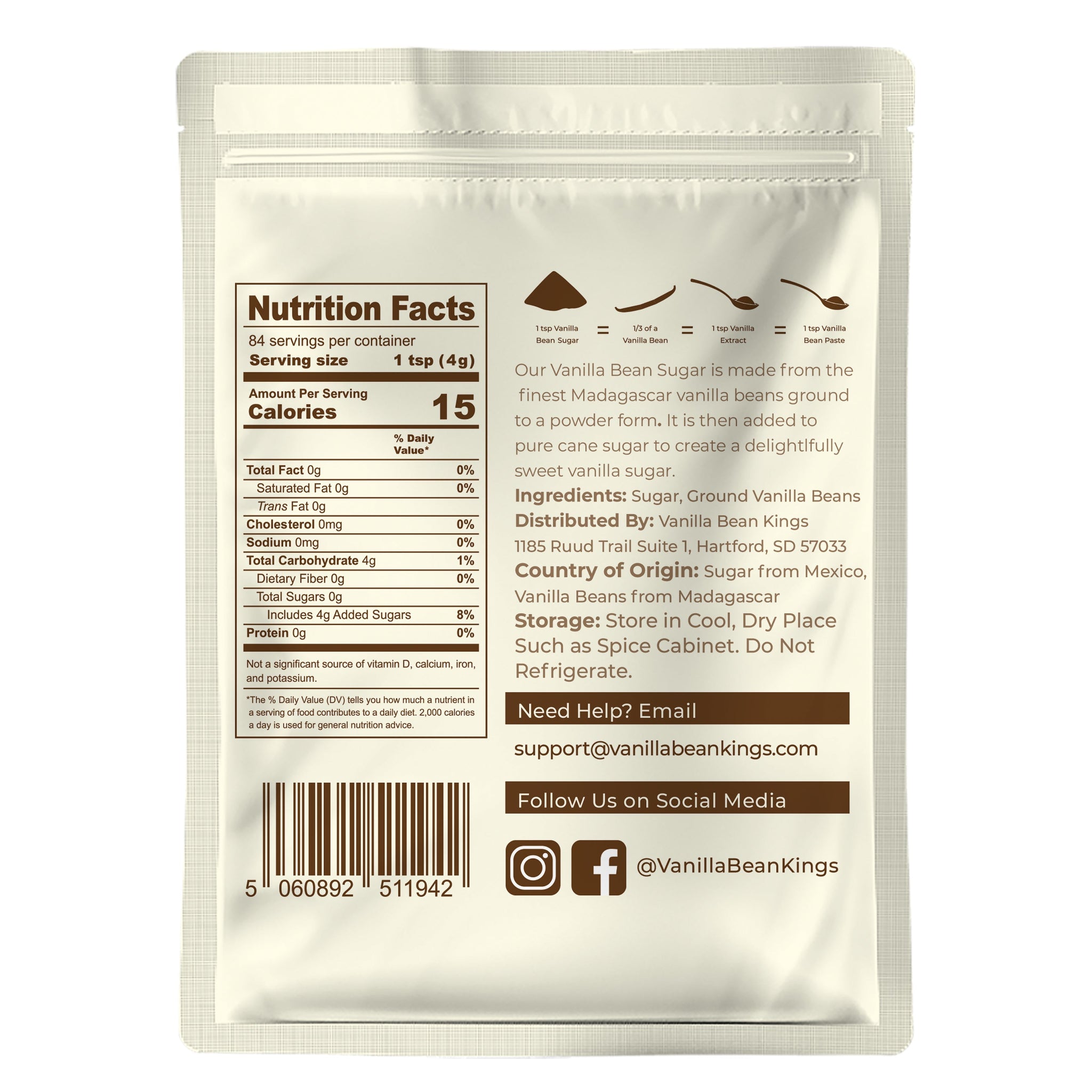 Nutrition facts label on a vanilla bean product packaging