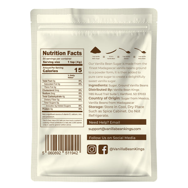 Nutrition facts label on a vanilla bean product packaging