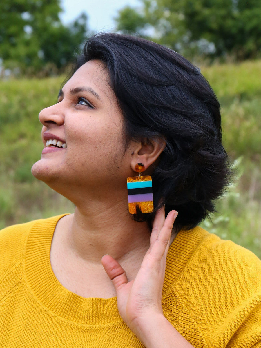 Orange and wood color block mod earrings by Fair Anita — nickel-free statement jewelry