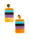 Close-up of Fair Anita mod resin color block earrings showing bold retro design and drop stud detail