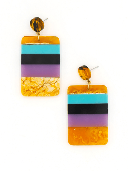 Close-up of Fair Anita mod resin color block earrings showing bold retro design and drop stud detail