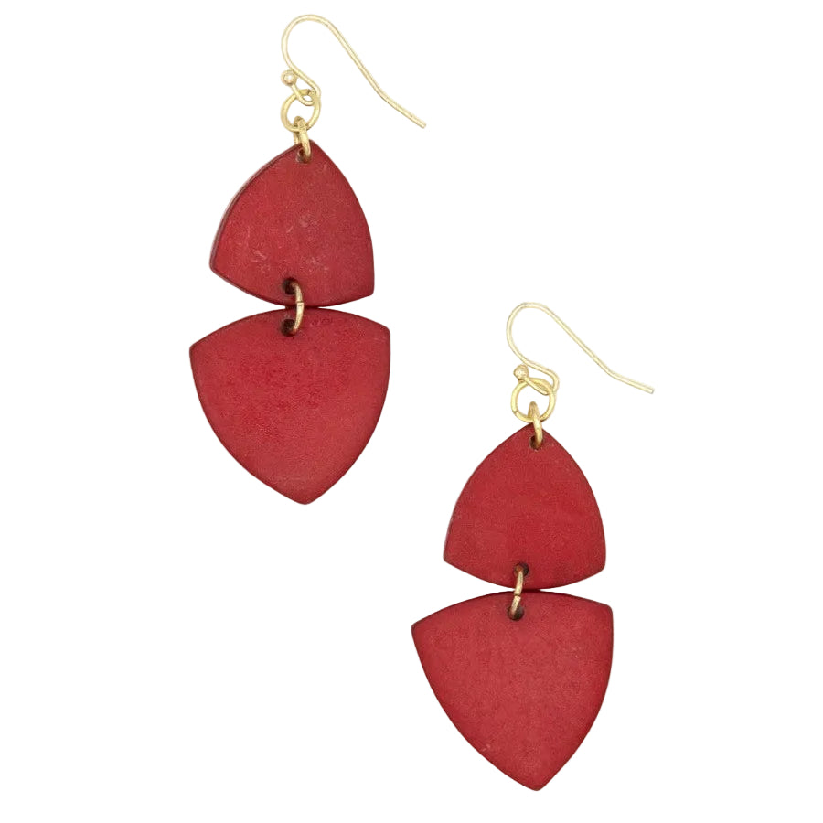 Modern Poppy Dangle Earrings in bold red with geometric triangle shape, handcrafted from upcycled bone by Fair Anita