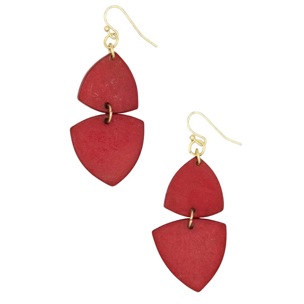Modern Poppy Dangle Earrings in bold red with geometric triangle shape, handcrafted from upcycled bone by Fair Anita
