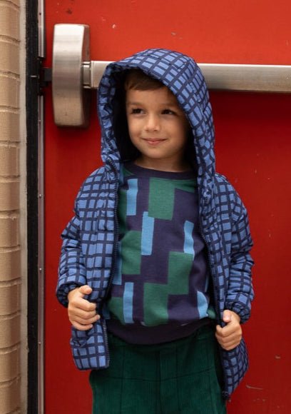Mon Coeur Blue Grid Puffer jacket showing hood and front zip detail