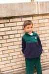 Mon Coeur Navy and Green Sherpa Zip Up styled on child, eco-friendly kids fleece layer