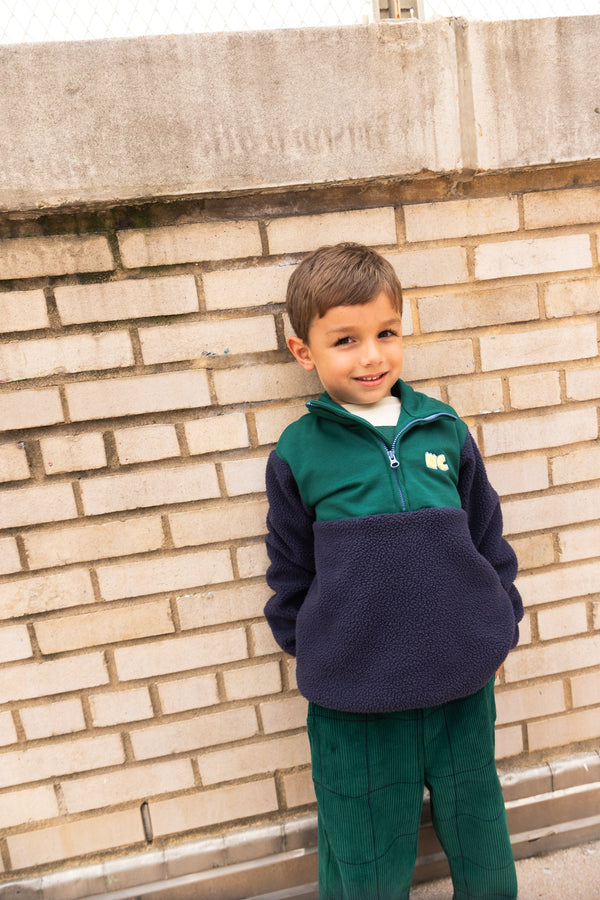 Mon Coeur Navy and Green Sherpa Zip Up styled on child, eco-friendly kids fleece layer