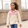Mon Coeur Pink Sherpa Zip Up kids sustainable fleece jacket, styled outfit flat lay
