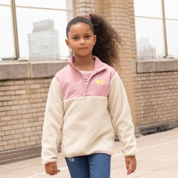 Mon Coeur Pink Sherpa Zip Up kids sustainable fleece jacket, styled outfit flat lay