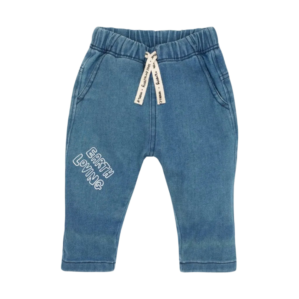Mon Coeur Baby Denim Jogger in watercolour denim print, made with upcycled cotton — front view