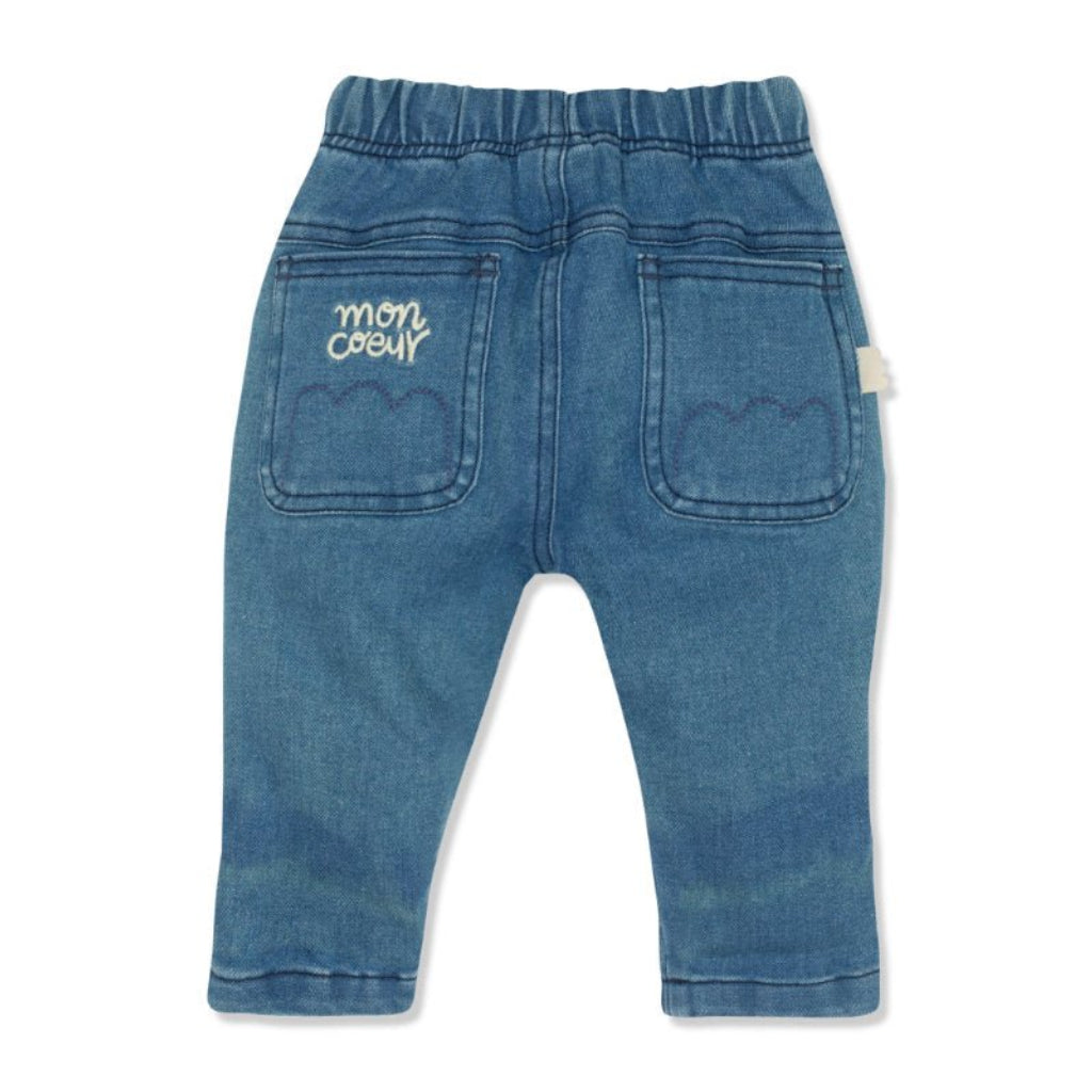 Mon Coeur Baby Denim Jogger with adjustable drawstring waist, sustainable baby clothing made in Portugal — detail view