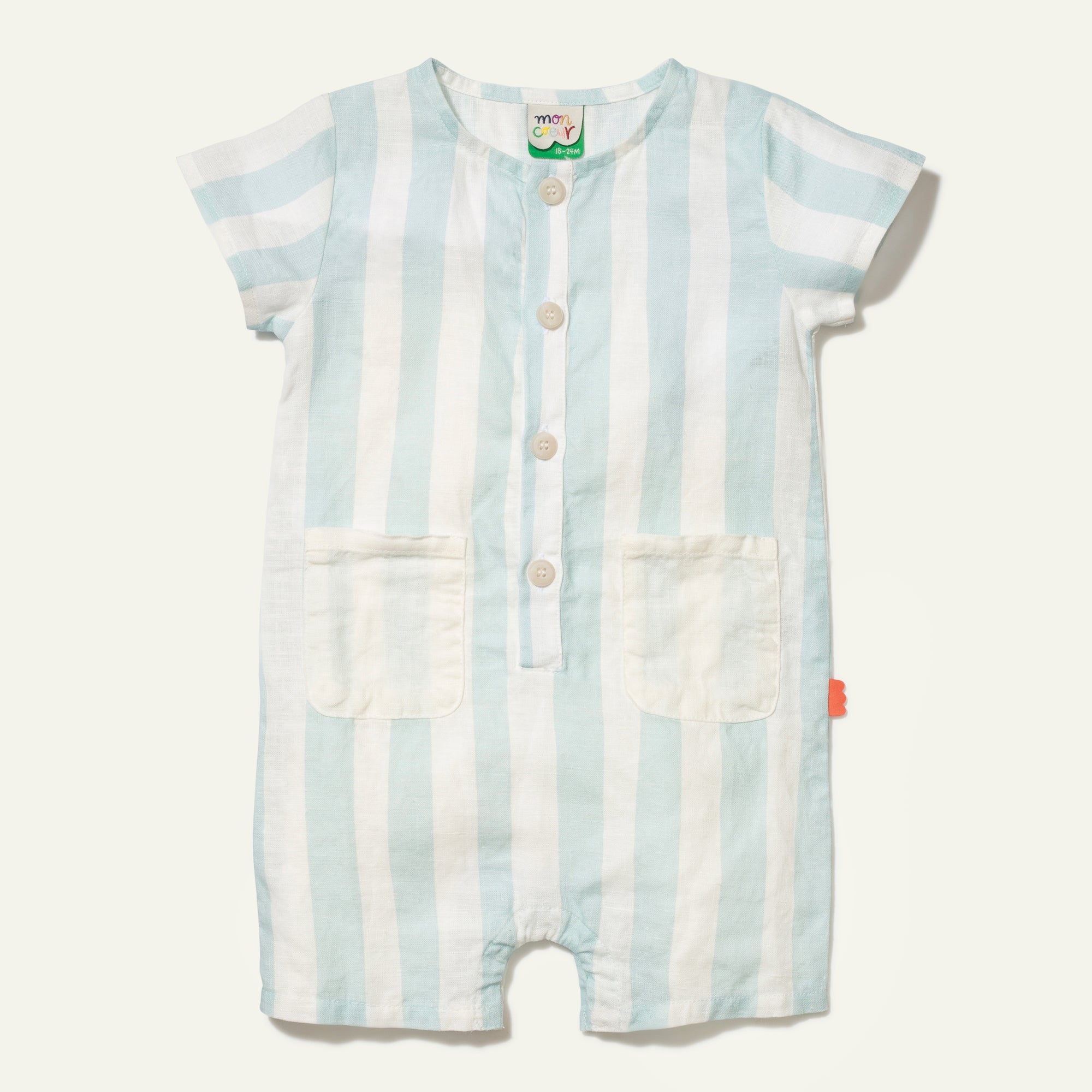 Light blue and white striped baby romper on a white background