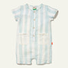 Light blue and white striped baby romper on a white background