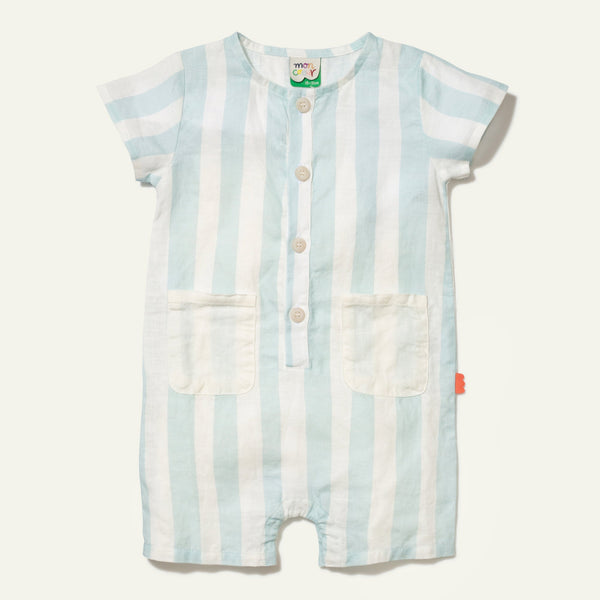 Light blue and white striped baby romper on a white background