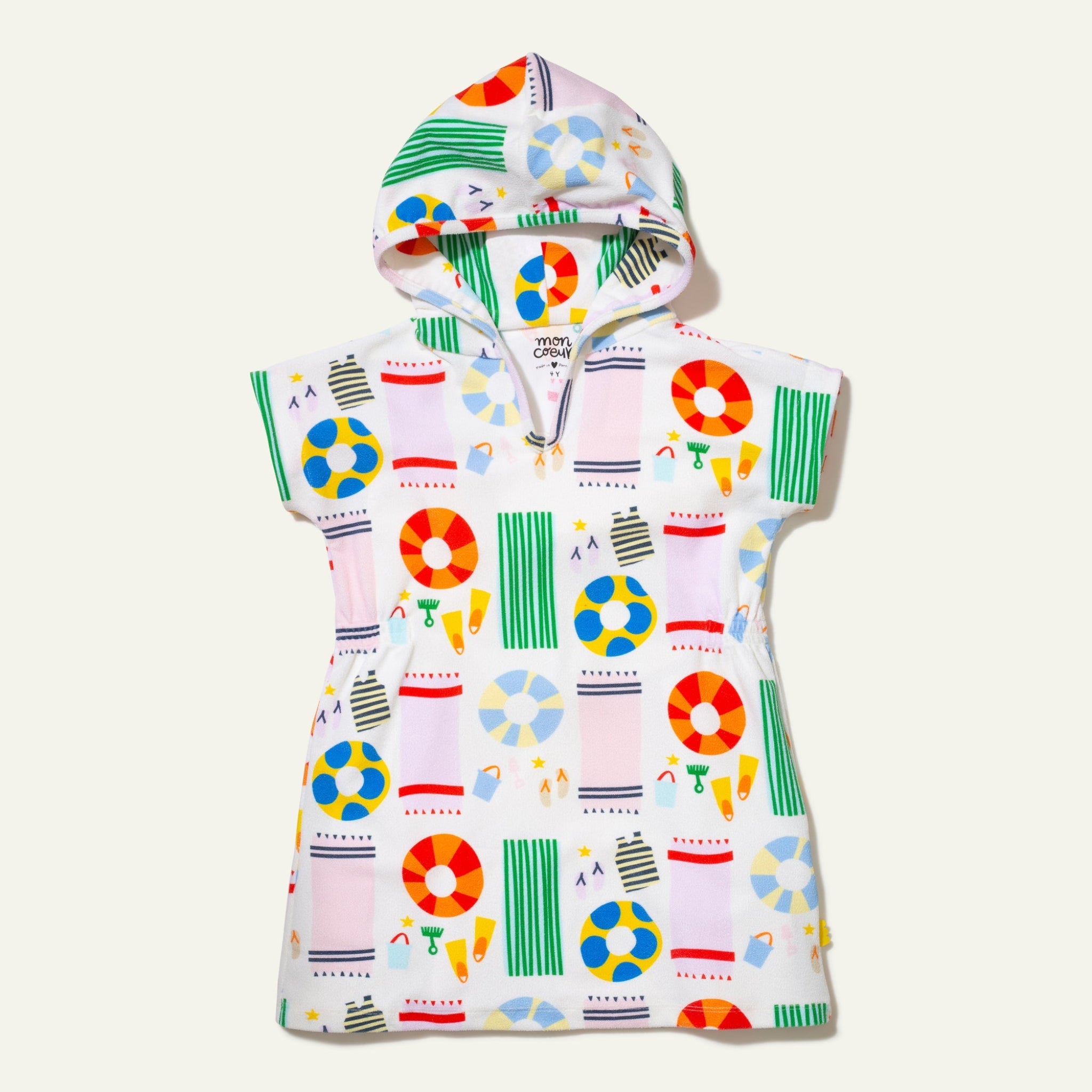 Colorful hooded garment with geometric pattern on a white background