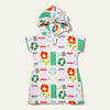 Colorful hooded garment with geometric pattern on a white background