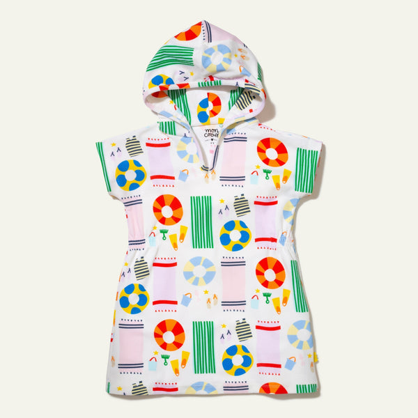 Colorful hooded garment with geometric pattern on a white background