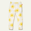 White pants with yellow sun patterns on a white background