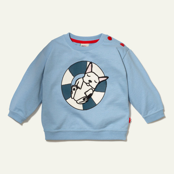 Blue children's sweatshirt with a graphic design on a light gray background