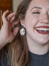Fair Anita monstera stud earrings in silver-plated recycled metal, single earring detail view