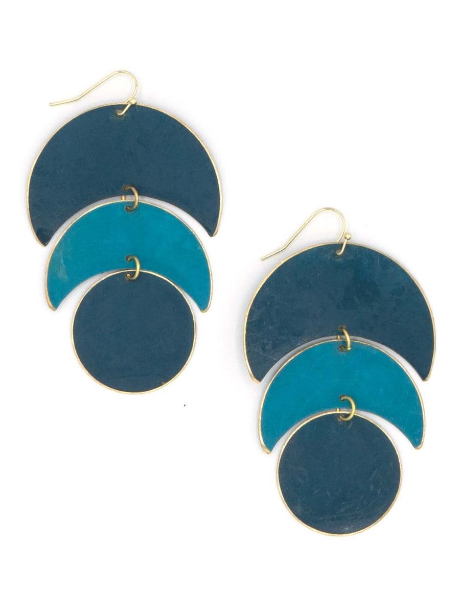 Fair Anita Moon Phase Earrings — handcrafted blue crescent statement drop earrings on recycled metal