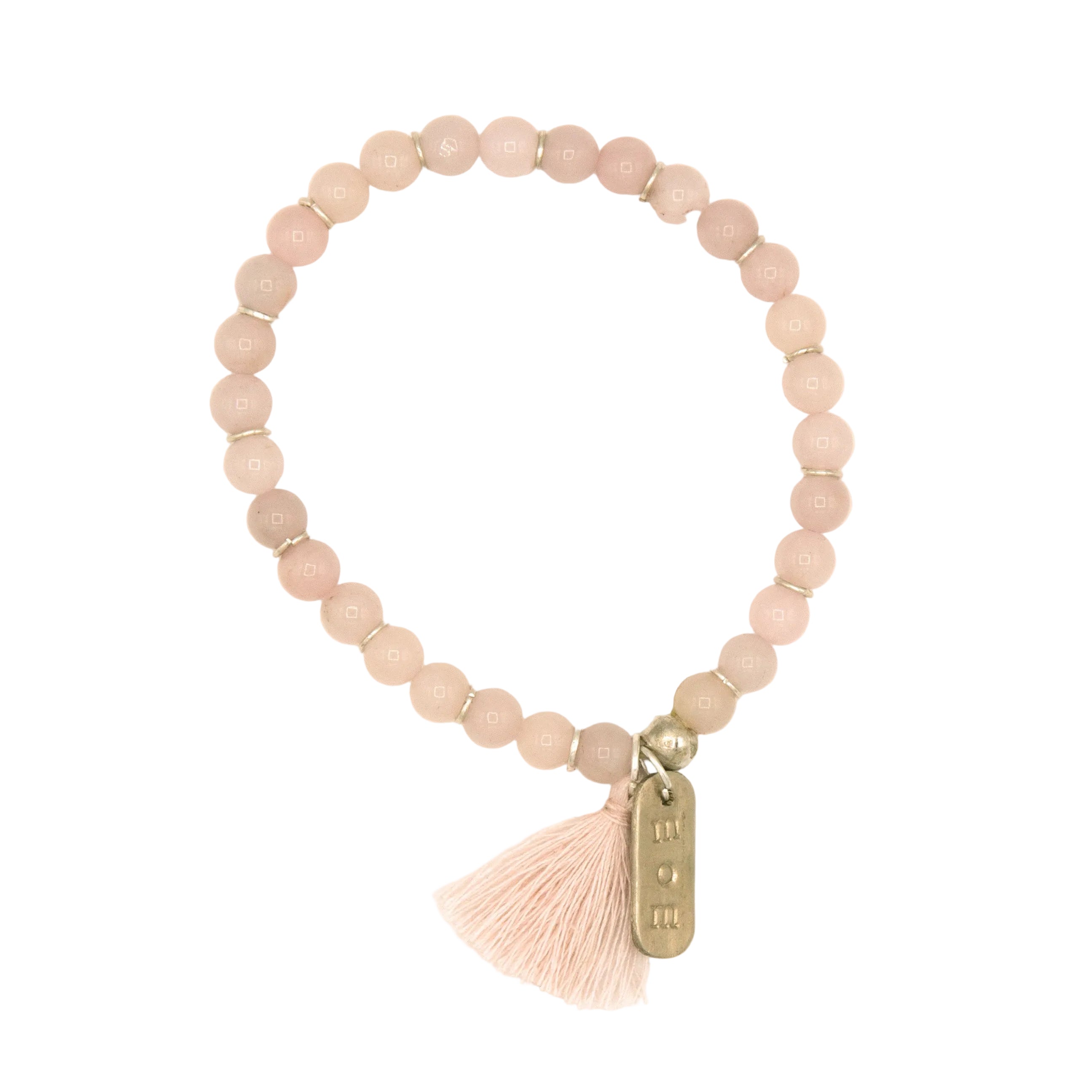 Mother's Love rose quartz beaded elastic bracelet with tassel and hand-stamped mom charm by Fair Anita