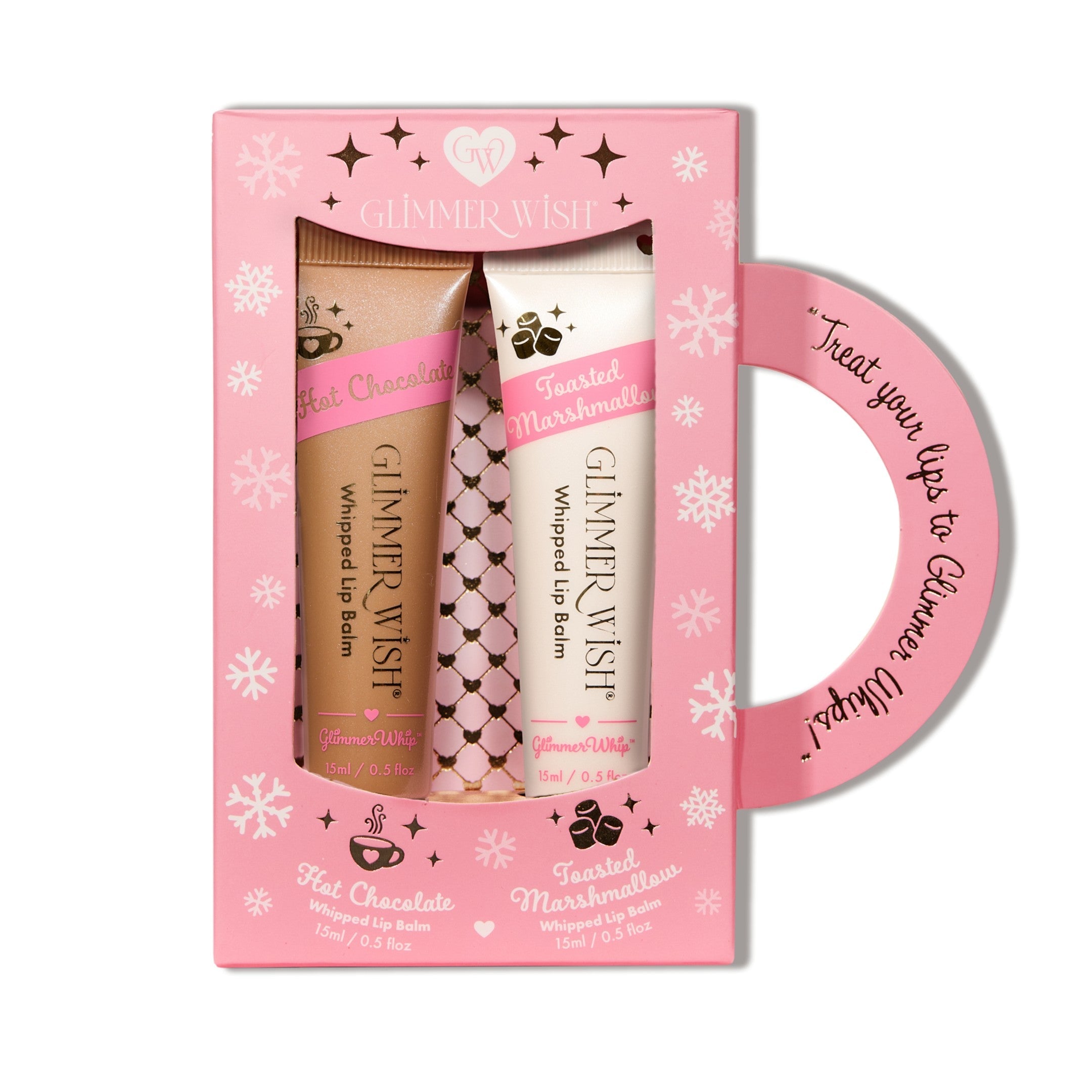 Hot Chocolate and Toasted Marshmallow Glimmer Whip Duo lip balm set in mug-shaped gift box