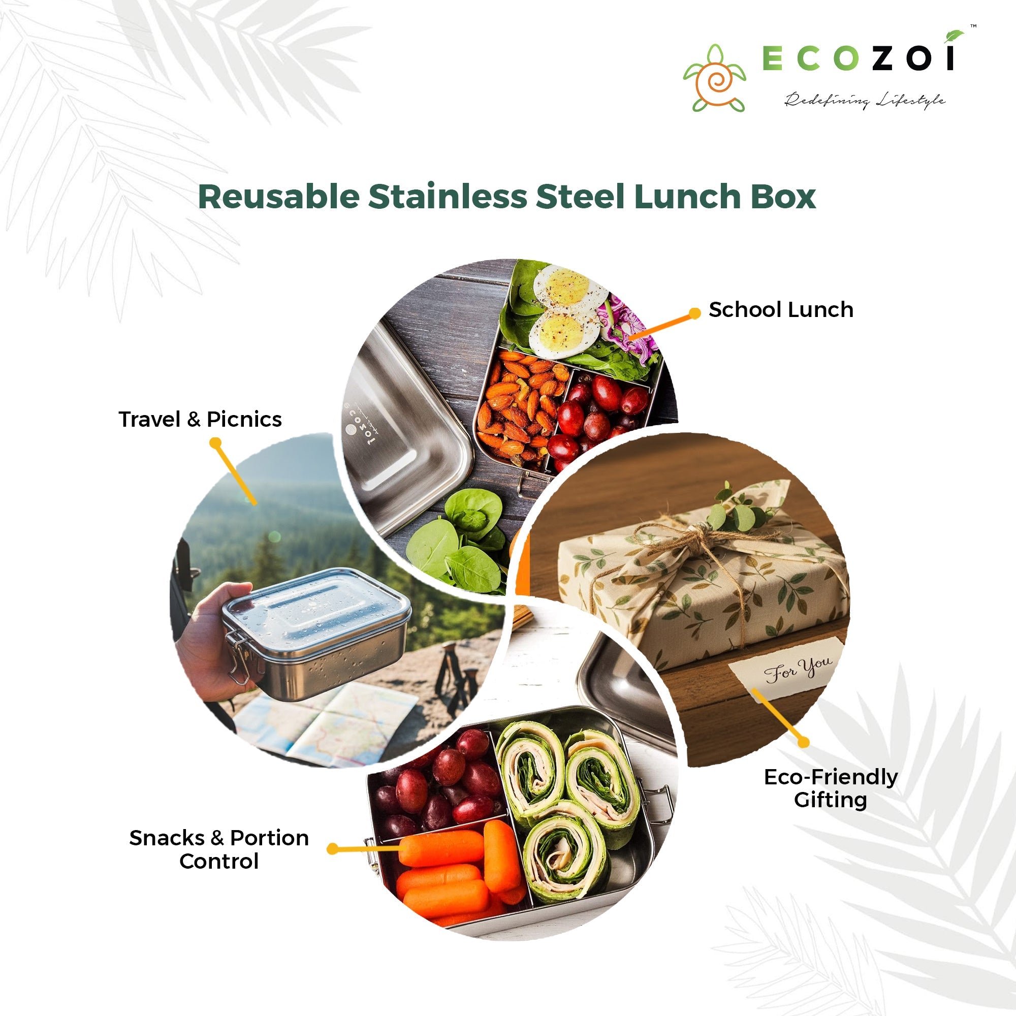 Ecozoi 3-Compartment Stainless Steel Bento Lunch Box – Leakproof, 24 Oz