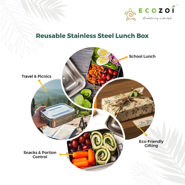 Ecozoi 3-Compartment Stainless Steel Bento Lunch Box – Leakproof, 24 Oz