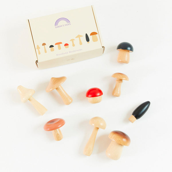Spark imagination with our Wooden Mushroom Seek & Find Set! Includes a mulberry silk playsilk and wooden mushrooms for endless play. Perfect for quiet time and travel.