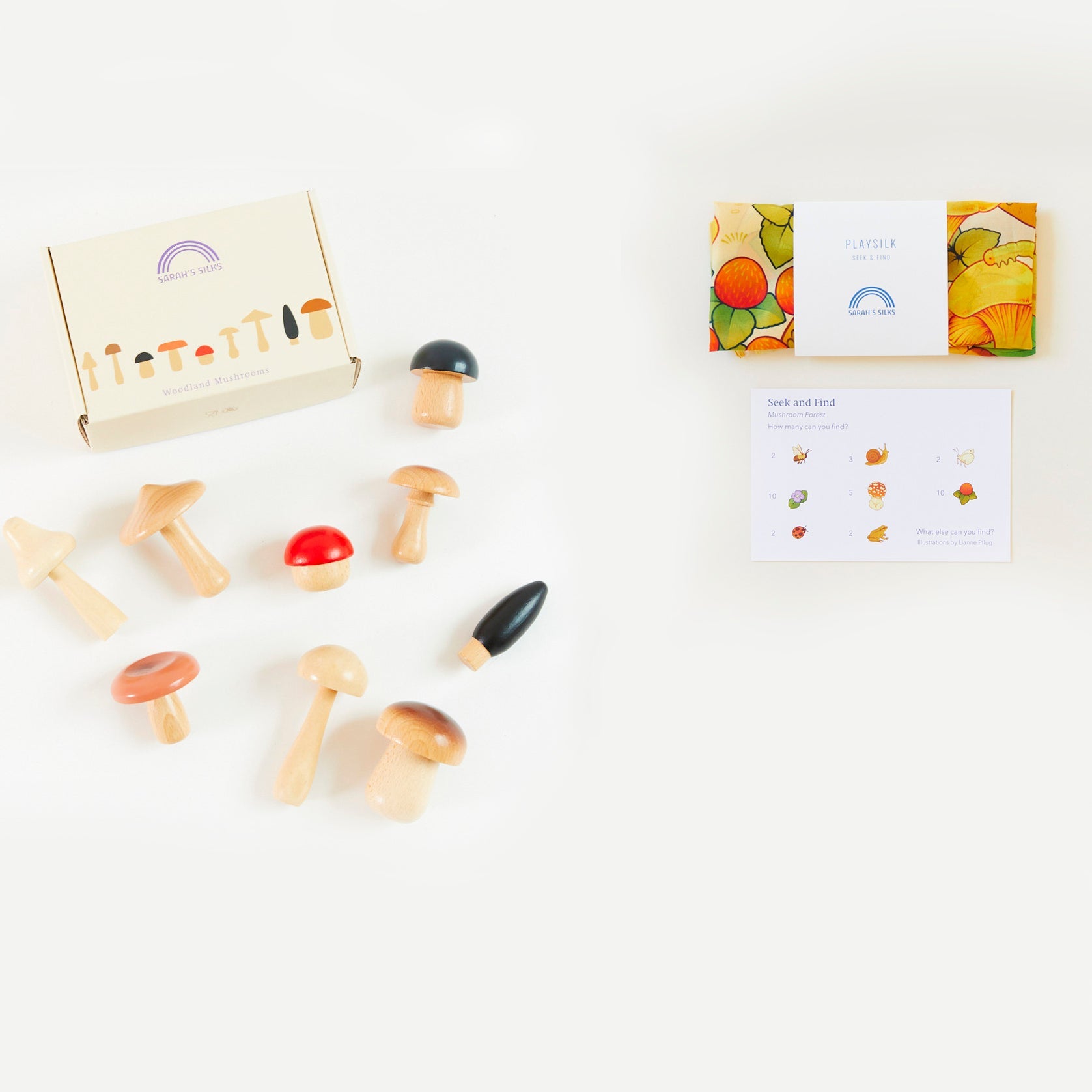 Spark imagination with our Wooden Mushroom Seek & Find Set! Includes a mulberry silk playsilk and wooden mushrooms for endless play. Perfect for quiet time and travel.