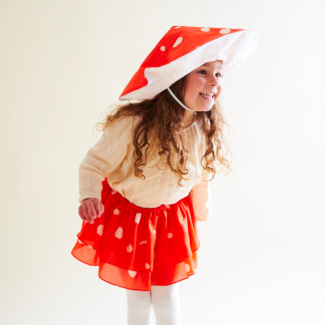 Whimsical fun meets eco-friendly style!  This mulberry silk Mushroom Dress-Up Set is perfect for imaginative play and doubles as a great Halloween costume! Easy wear, ages 3-8, promotes independence. Sustainable, Waldorf-inspired.