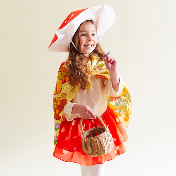 Whimsical fun meets eco-friendly style!  This mulberry silk Mushroom Dress-Up Set is perfect for imaginative play and doubles as a great Halloween costume! Easy wear, ages 3-8, promotes independence. Sustainable, Waldorf-inspired.