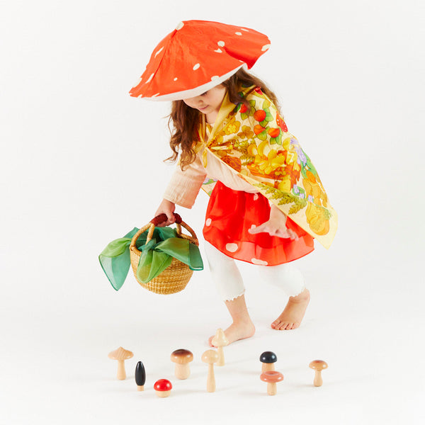 Whimsical fun meets eco-friendly style!  This mulberry silk Mushroom Dress-Up Set is perfect for imaginative play and doubles as a great Halloween costume! Easy wear, ages 3-8, promotes independence. Sustainable, Waldorf-inspired.