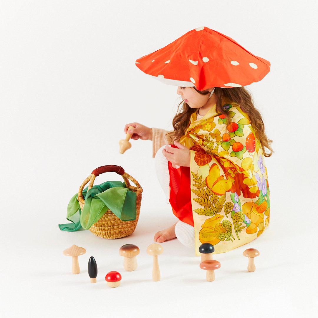 Spark imagination with our Wooden Mushroom Seek & Find Set! Includes a mulberry silk playsilk and wooden mushrooms for endless play. Perfect for quiet time and travel.