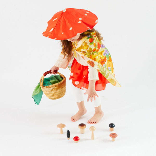 Whimsical fun meets eco-friendly style!  This mulberry silk Mushroom Dress-Up Set is perfect for imaginative play and doubles as a great Halloween costume! Easy wear, ages 3-8, promotes independence. Sustainable, Waldorf-inspired.