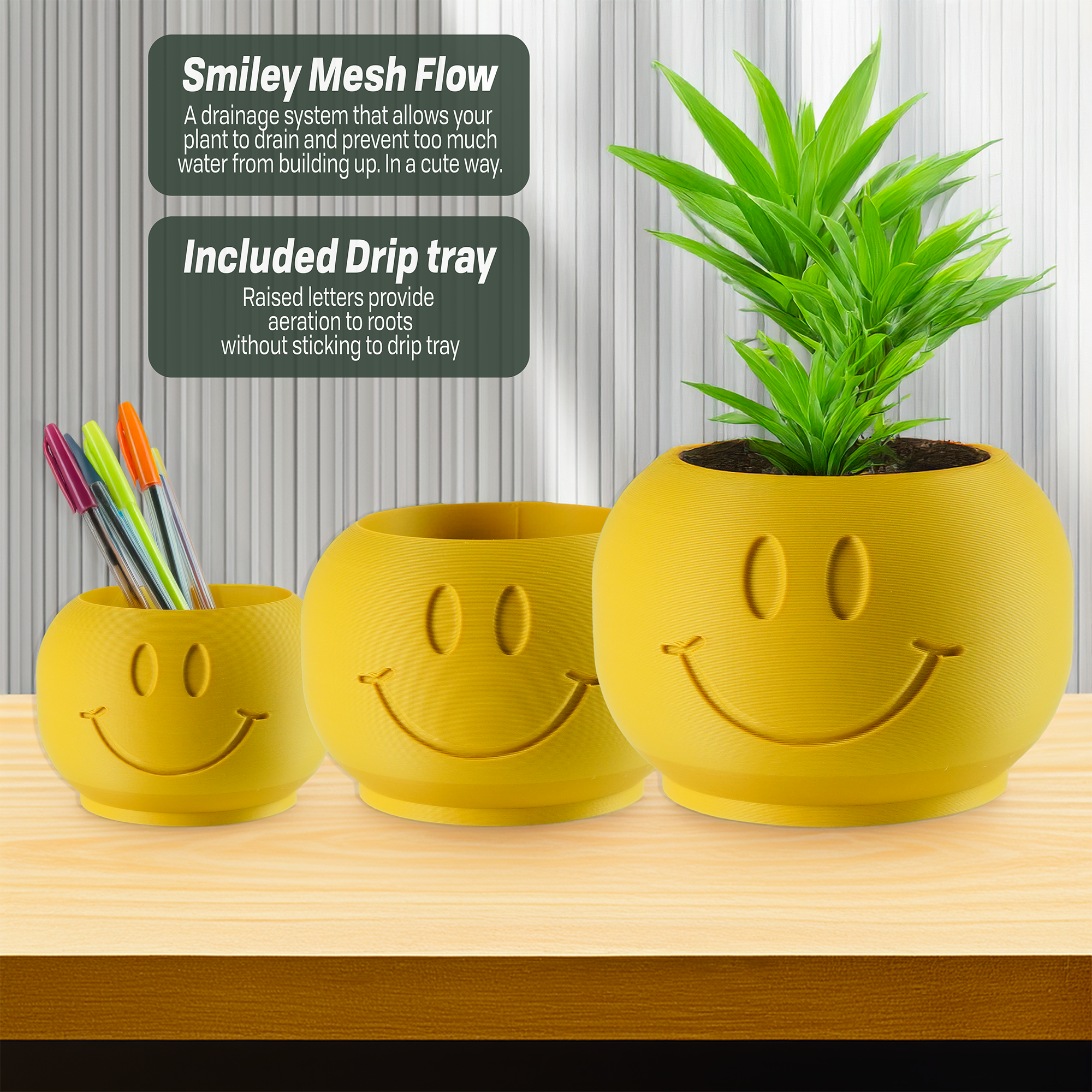 Mustard yellow smiley face plant pot with drainage holes and drip tray, made from eco-friendly PLA