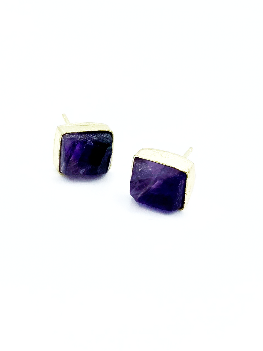 Uncut amethyst rectangle stud earrings handmade by women artisans in India, druzy-style semi-precious stone