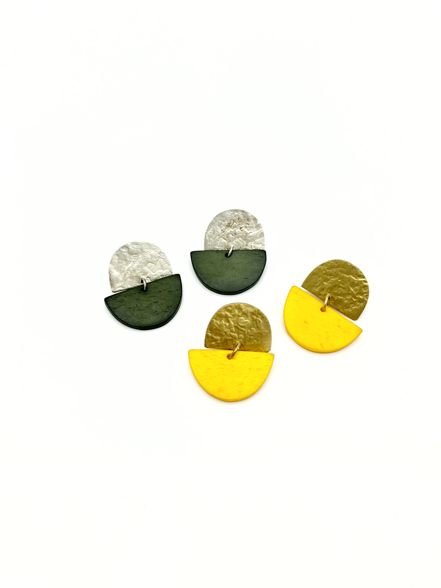 Clear Horizon Studs by Fair Anita – ethically made upcycled bone and recycled metal circle stud earrings in mustard and forest green colourways