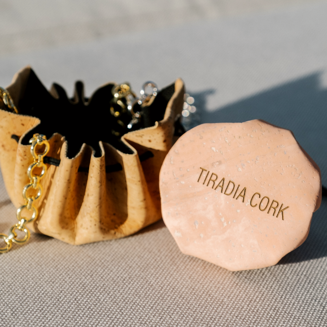 Close-up of natural cork texture on the Porto jewelry travel pouch by Tiradia Cork