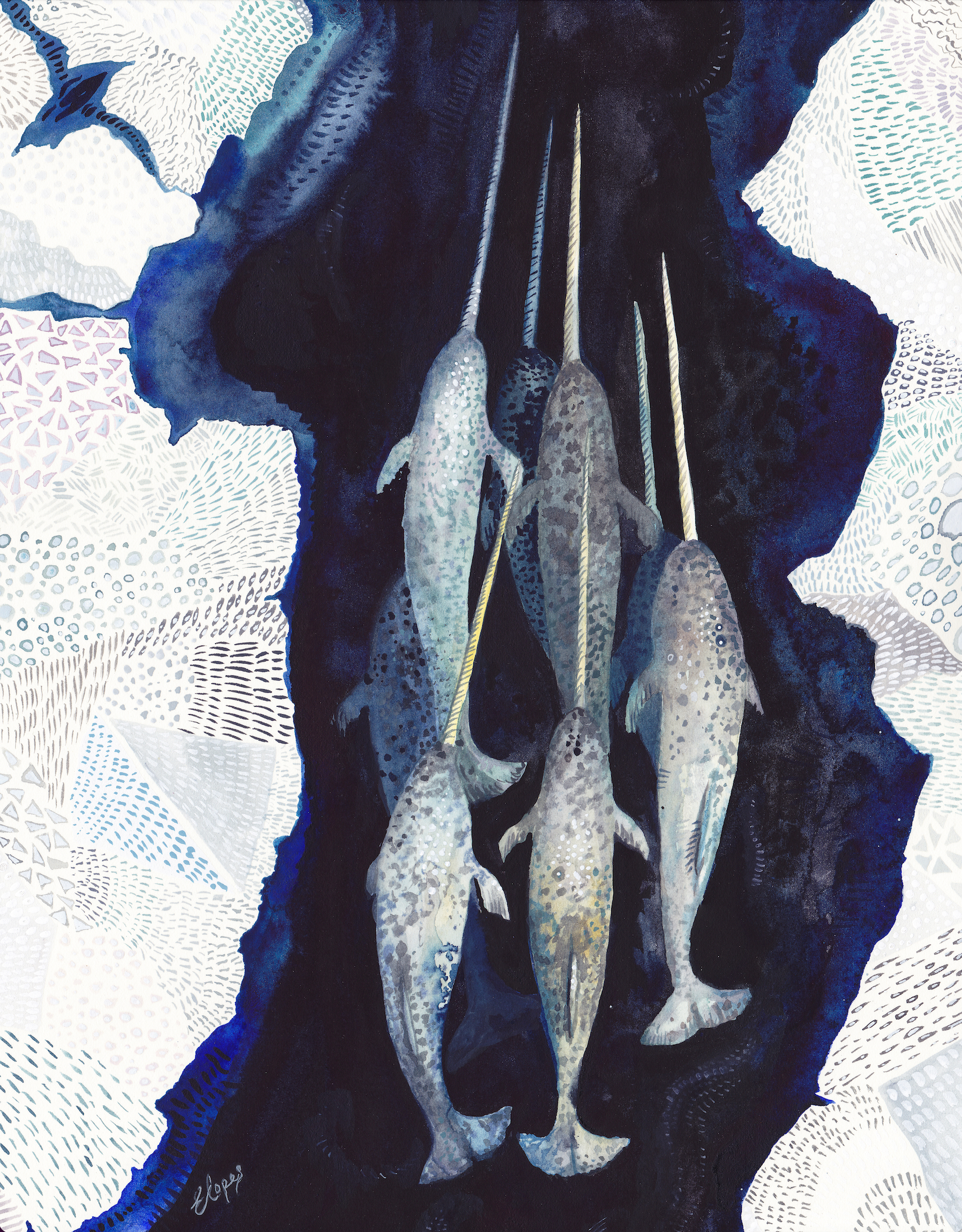 Artistic depiction of fish hanging from a rope against a textured background