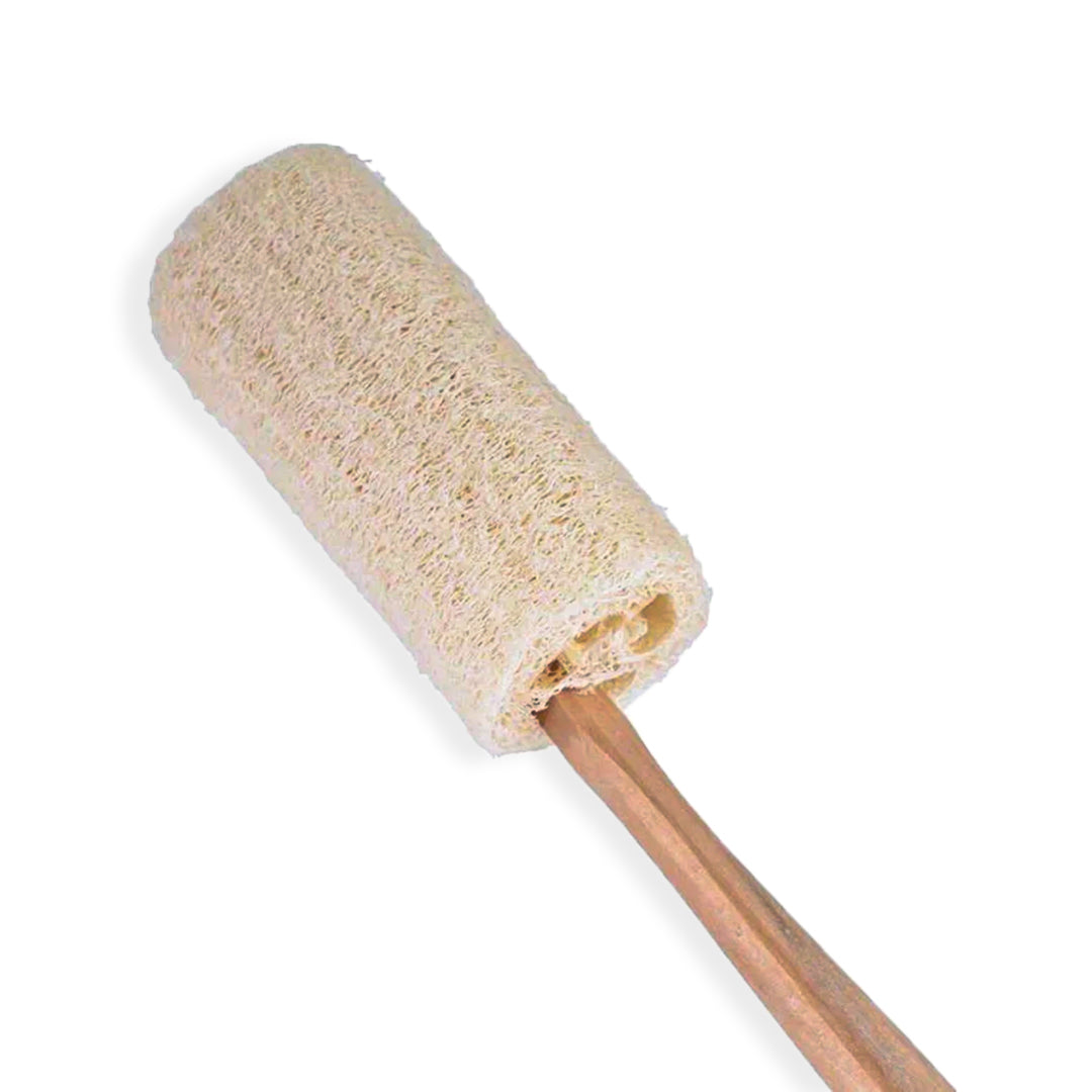 Paint roller with a beige foam sleeve on a white background