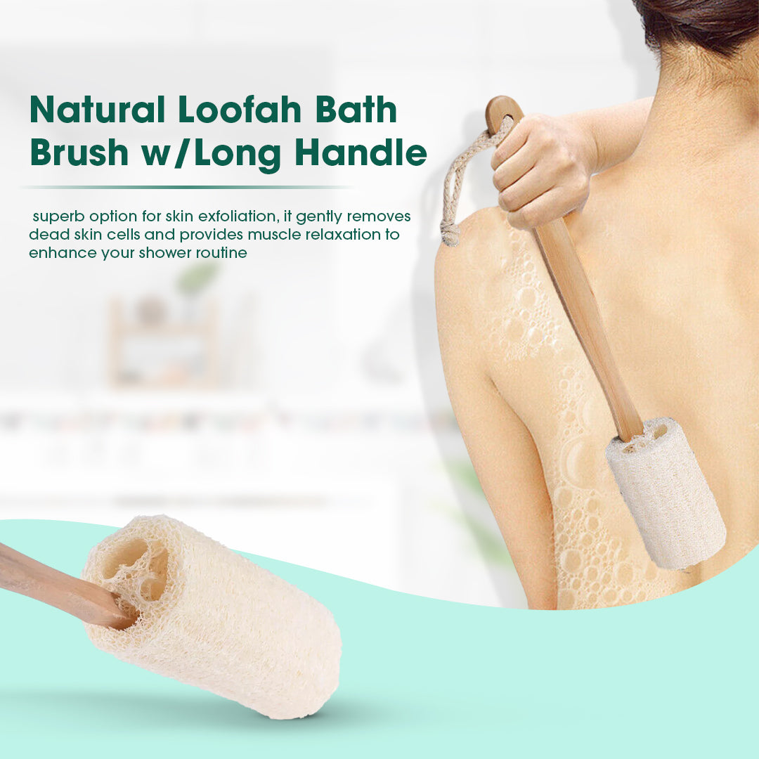 Person using a natural loofah bath brush with a long handle on a blurred background