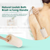 Person using a natural loofah bath brush with a long handle on a blurred background