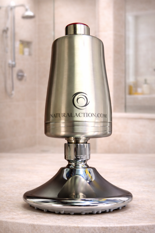 Metallic shower head with 'NaturalAction.com' branding on a bathroom counter.