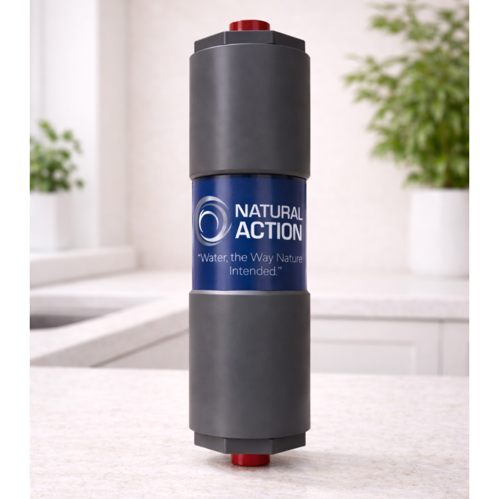 Natural Action Sink Revitalizer for RO Systems installed under sink with quarter-inch quick-connect tubing