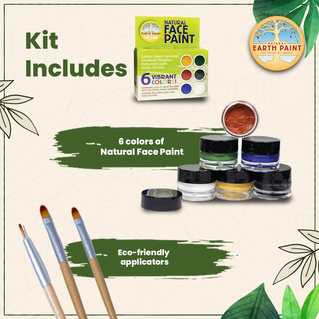 Earth Paint natural face paint kit with colors, applicators, and packaging on a light background.