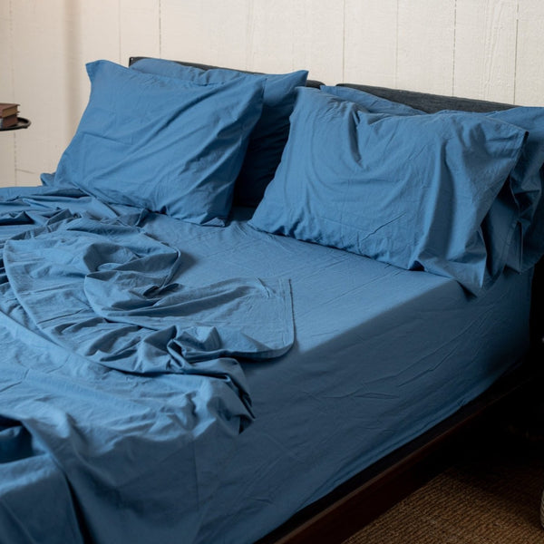 Blue bedding set on a bed in a room with a wooden floor and a plant.